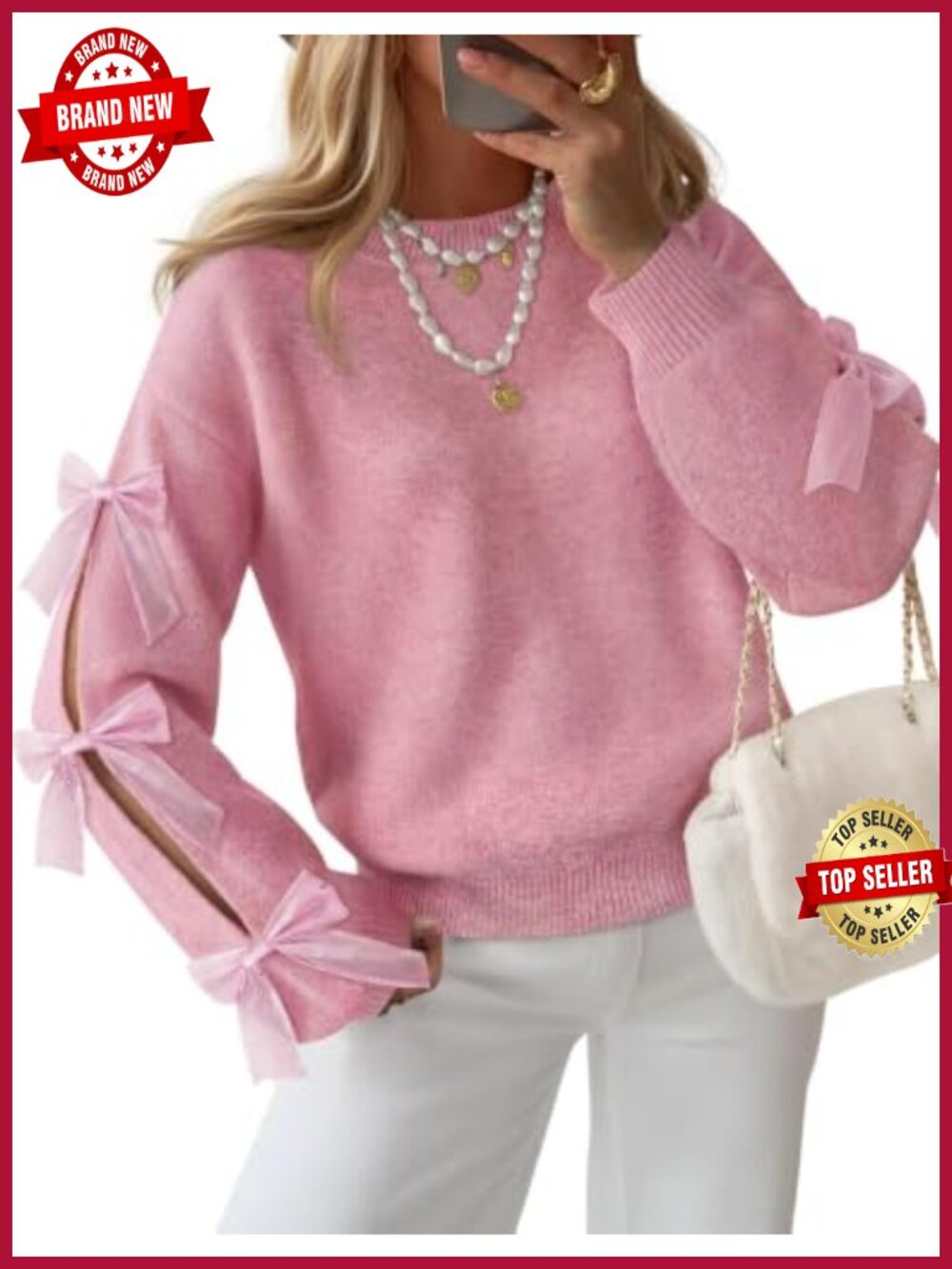 Oversized Chunky Knit Sweater with Bow Long Sleeves Crew Neck Pullover